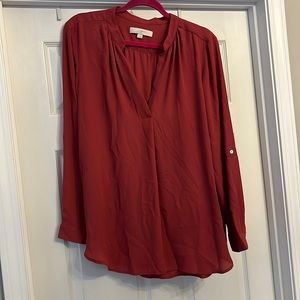 Loft Large L blouse top shirt red rust colored silky flowy 12 14 EUC